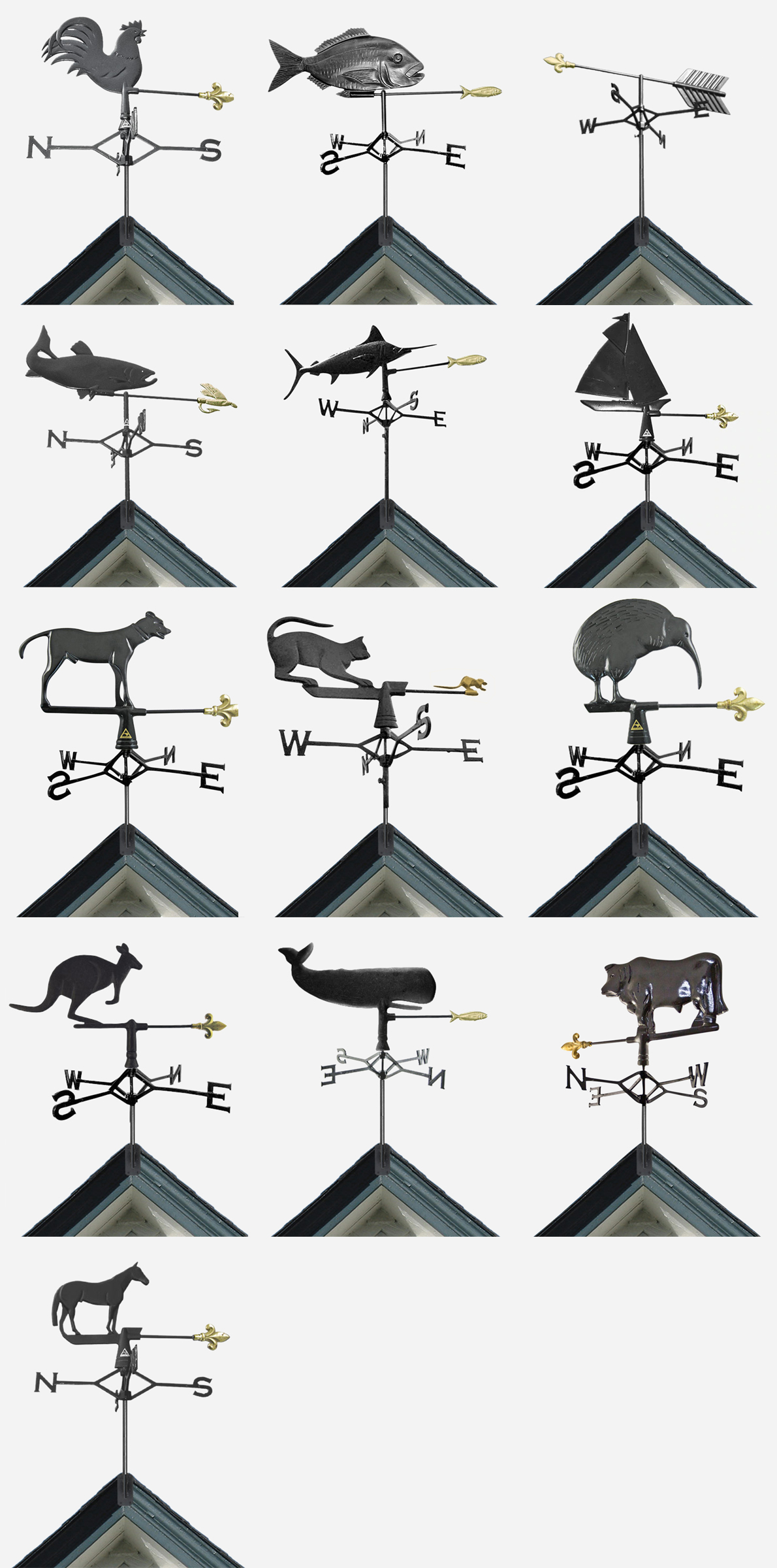 13 Weathervane designs available at Gubba Products